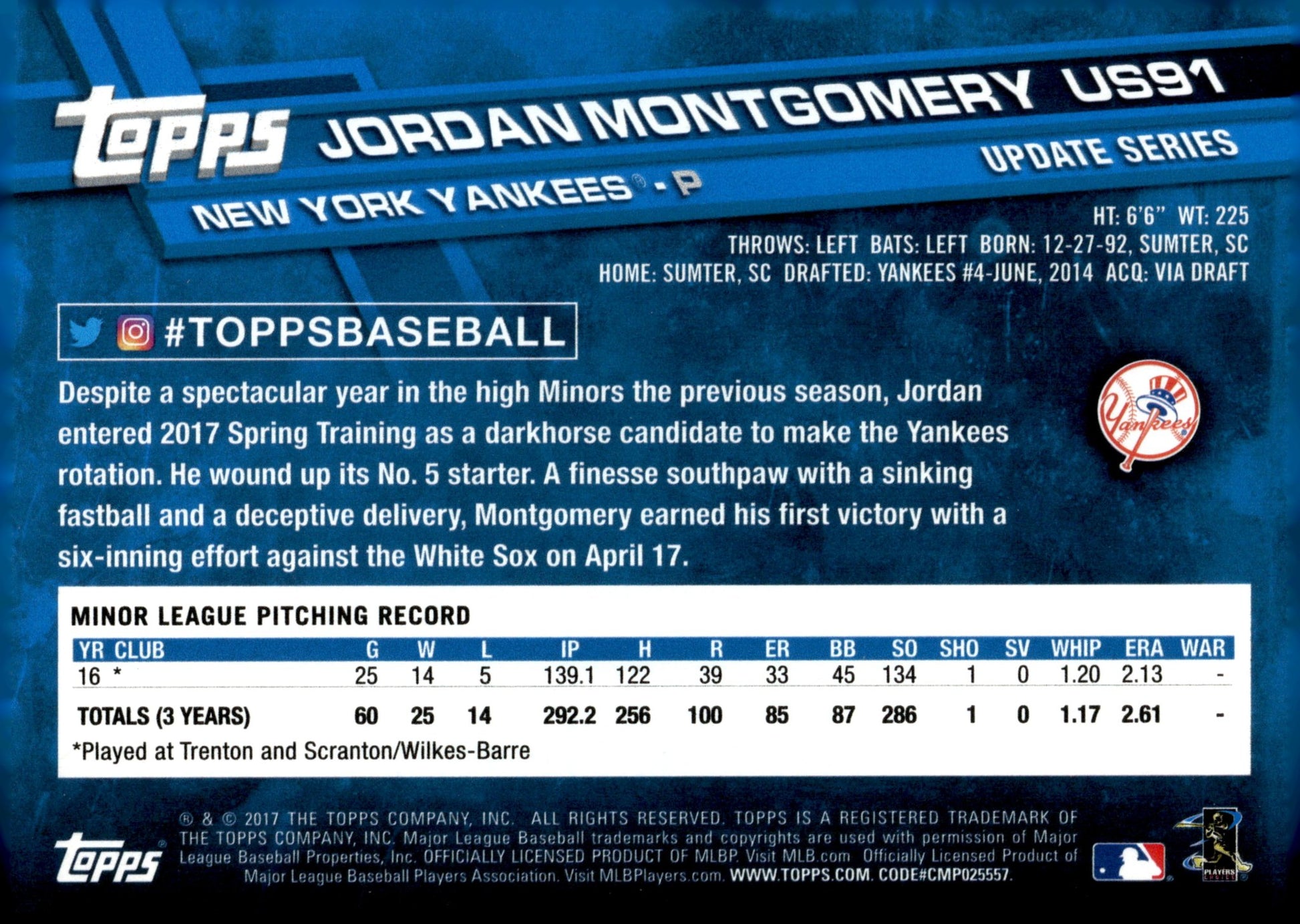 Jordan Montgomery 2017 Topps Update Series RC #US91 - Collector Store LLC