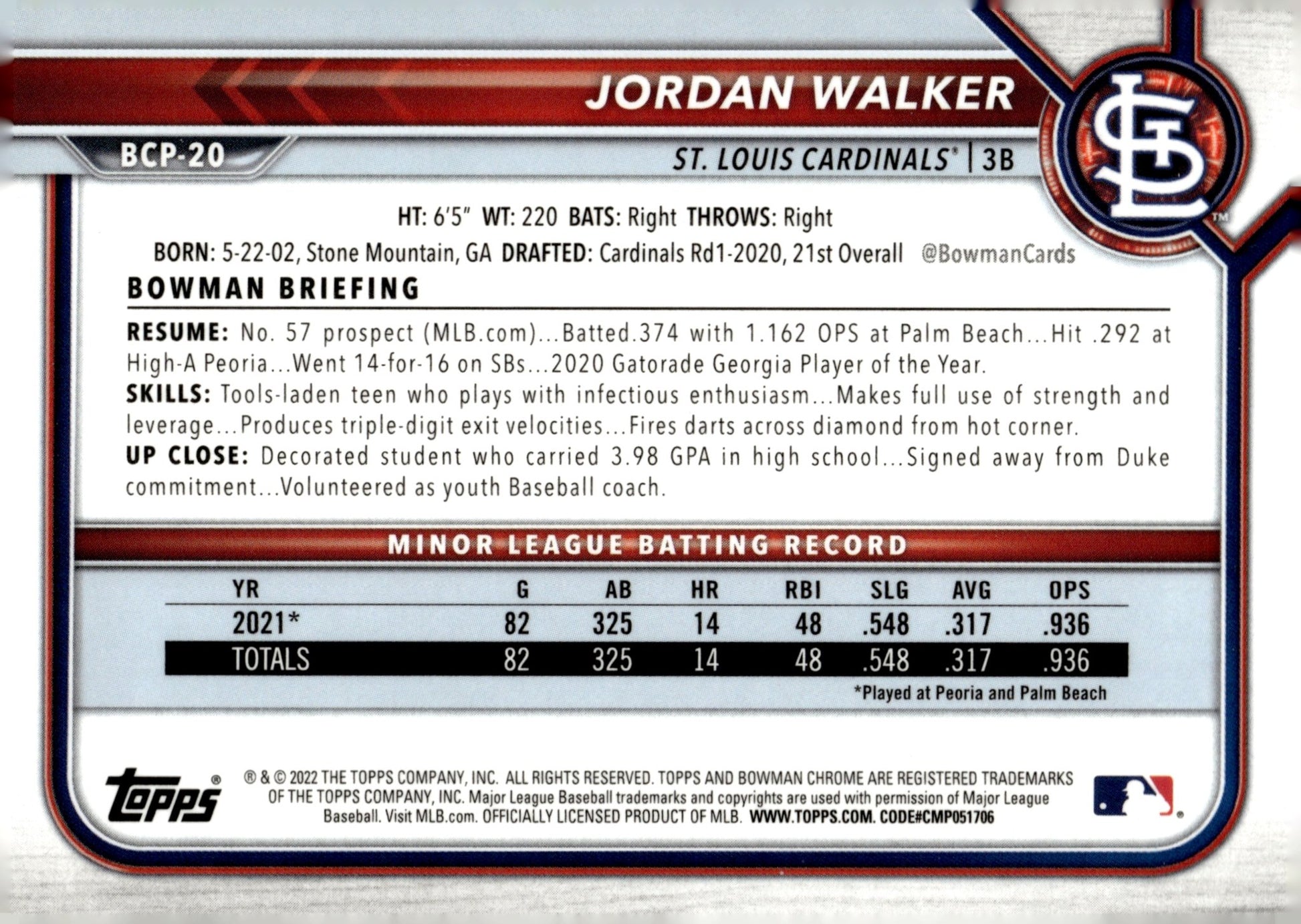 Jordan Walker 2022 Bowman Chrome Prospects #BCP - 20 - Collector Store LLC