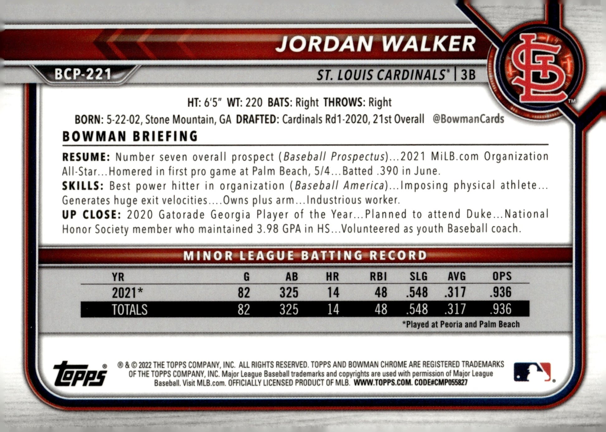 Jordan Walker 2022 Bowman Chrome Prospects #BCP - 221 - Collector Store LLC