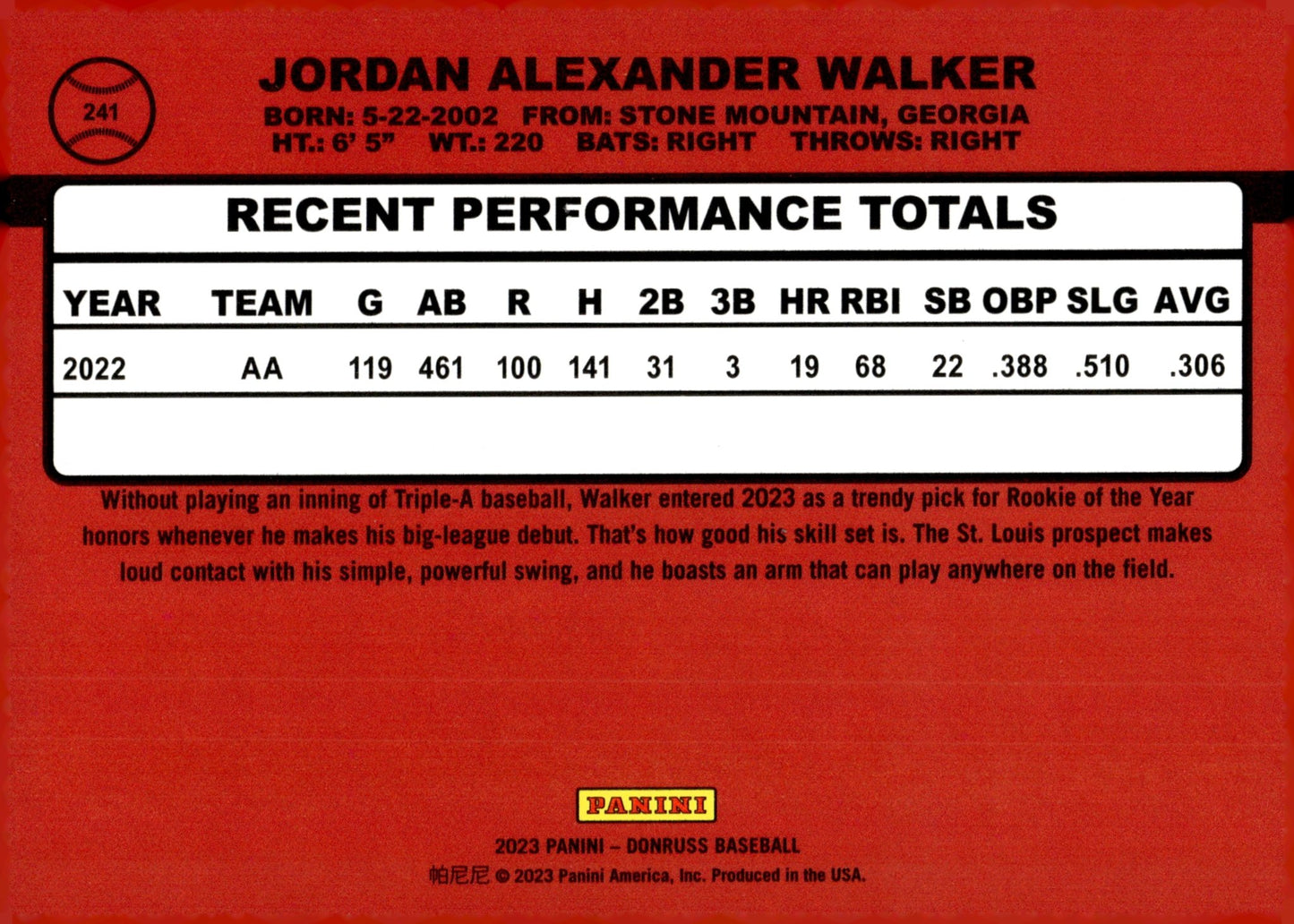 Jordan Walker 2023 Panini Donruss Left Facing 241 - Collector Store LLC
