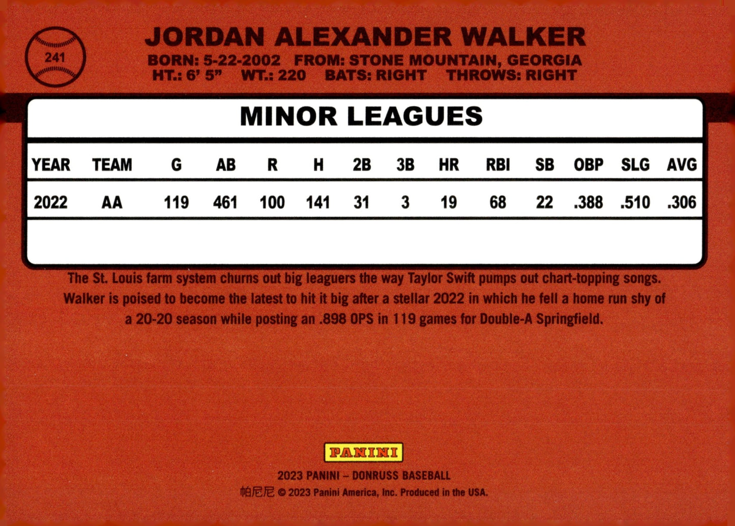 Jordan Walker 2023 Panini Donruss Right Facing 241 - Collector Store LLC