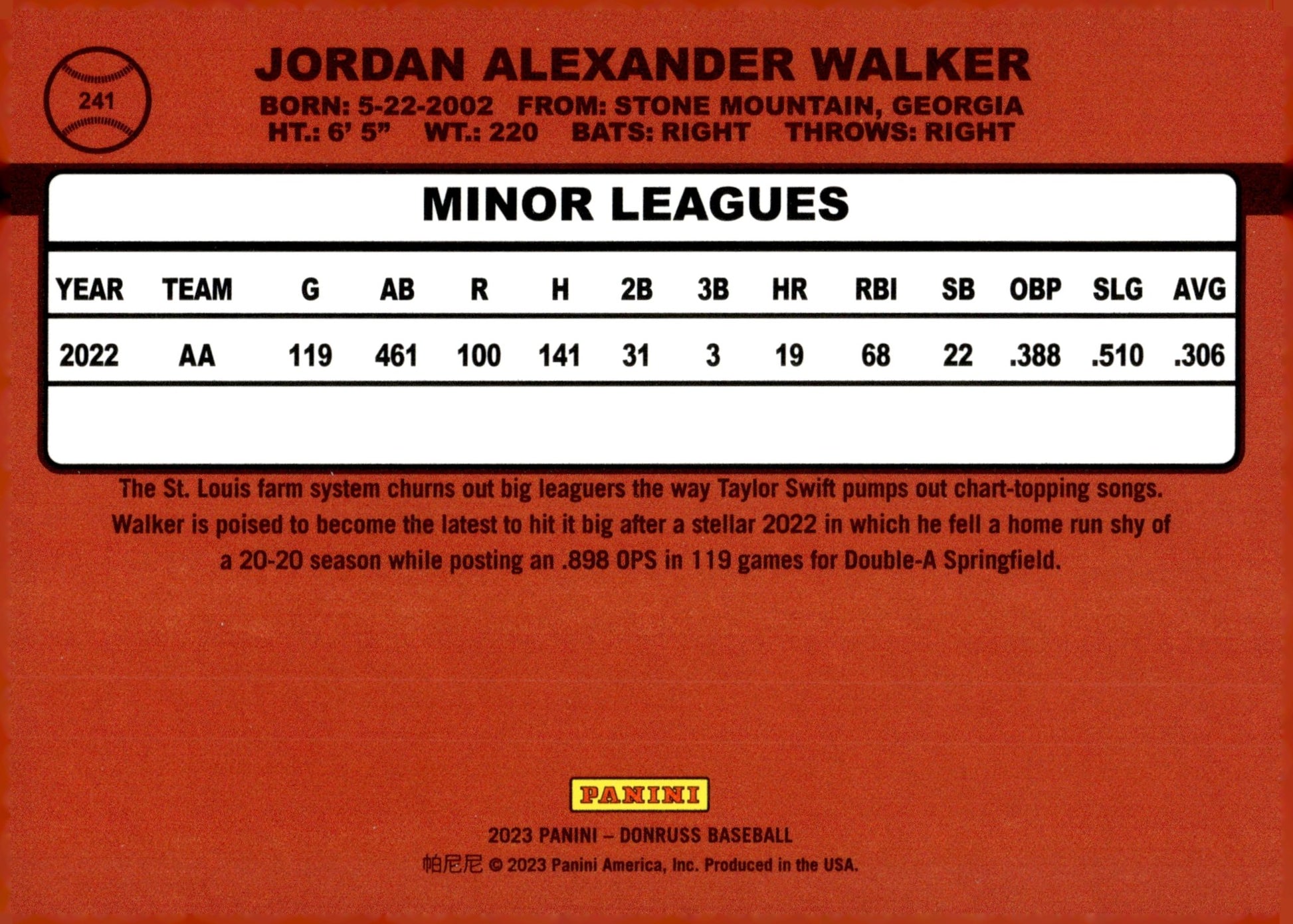 Jordan Walker 2023 Panini Donruss Right Facing 241 - Collector Store LLC