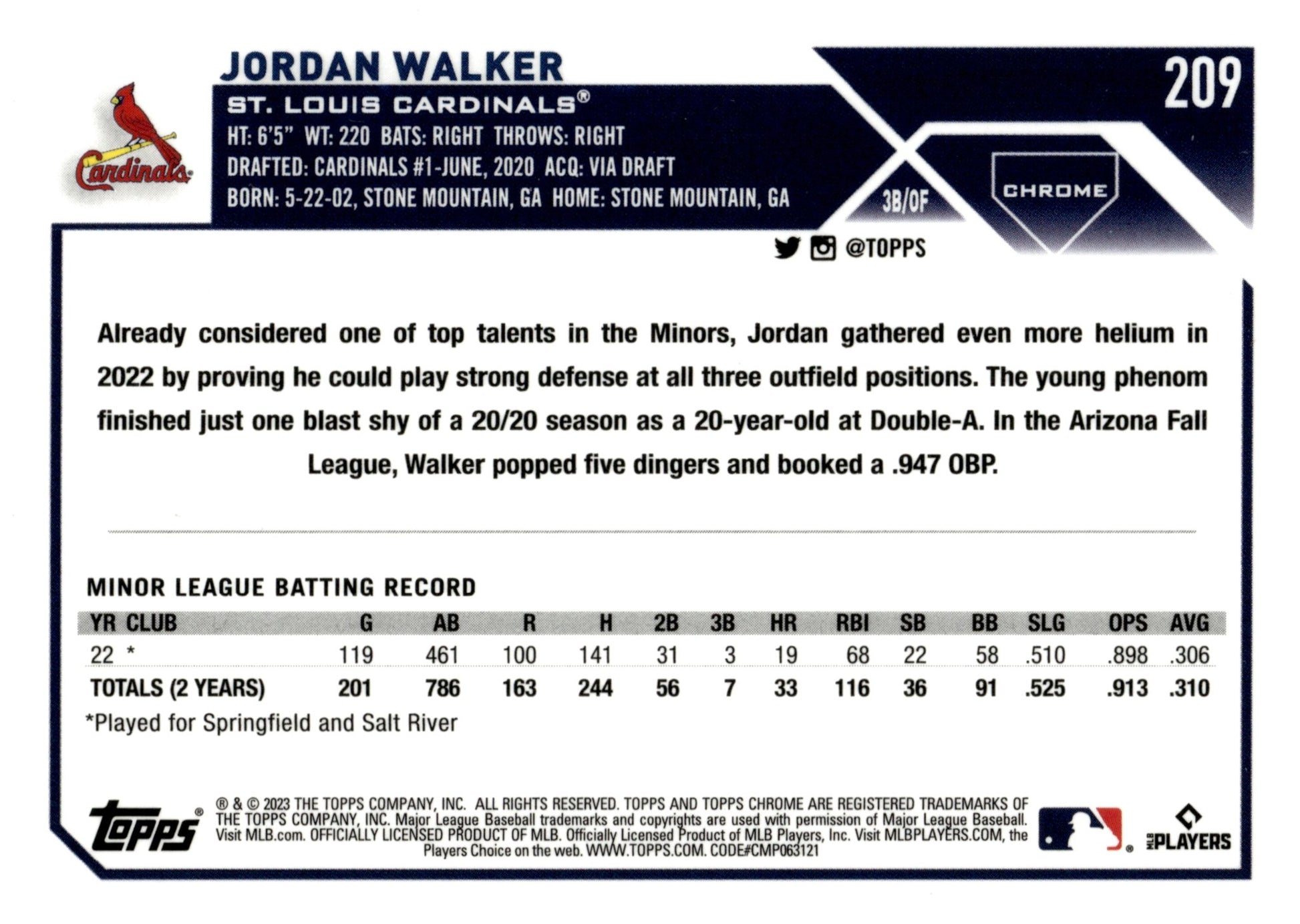 Jordan Walker 2023 Topps Chrome RC 209 2 - Collector Store LLC