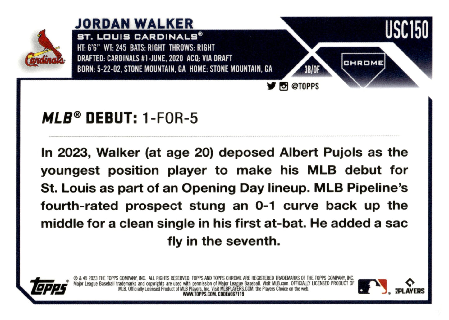 Jordan Walker 2023 Topps Chrome RC USC150 - Collector Store LLC