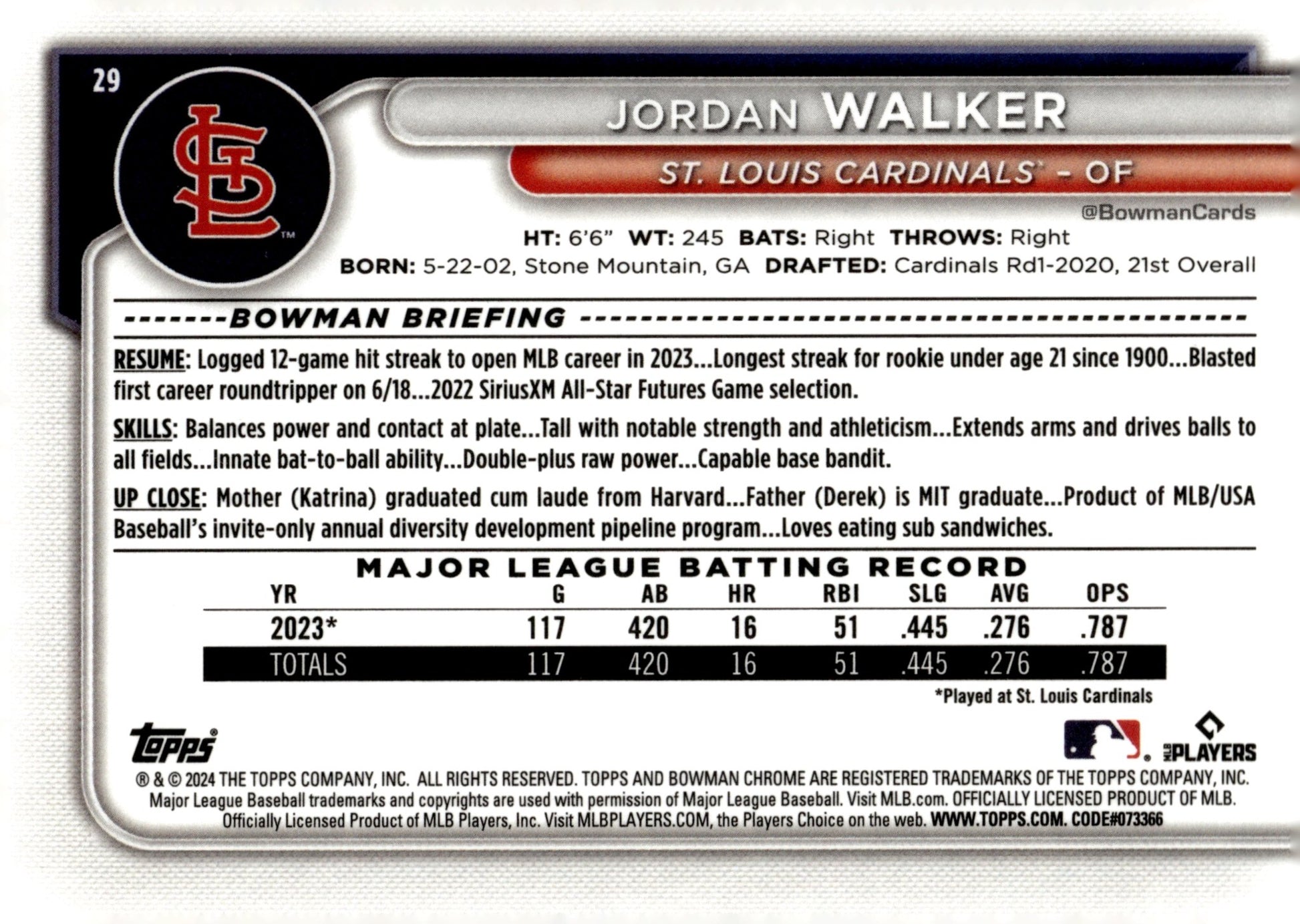 Jordan Walker 2024 Bowman Chrome Mojo Refractor #29 #1 - Collector Store LLC