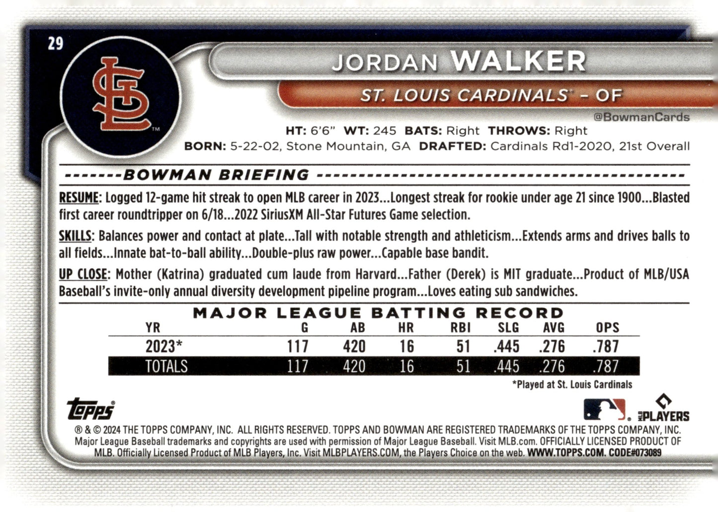 Jordan Walker 2024 Bowman Fuchsia 193/299 29 - Collector Store LLC