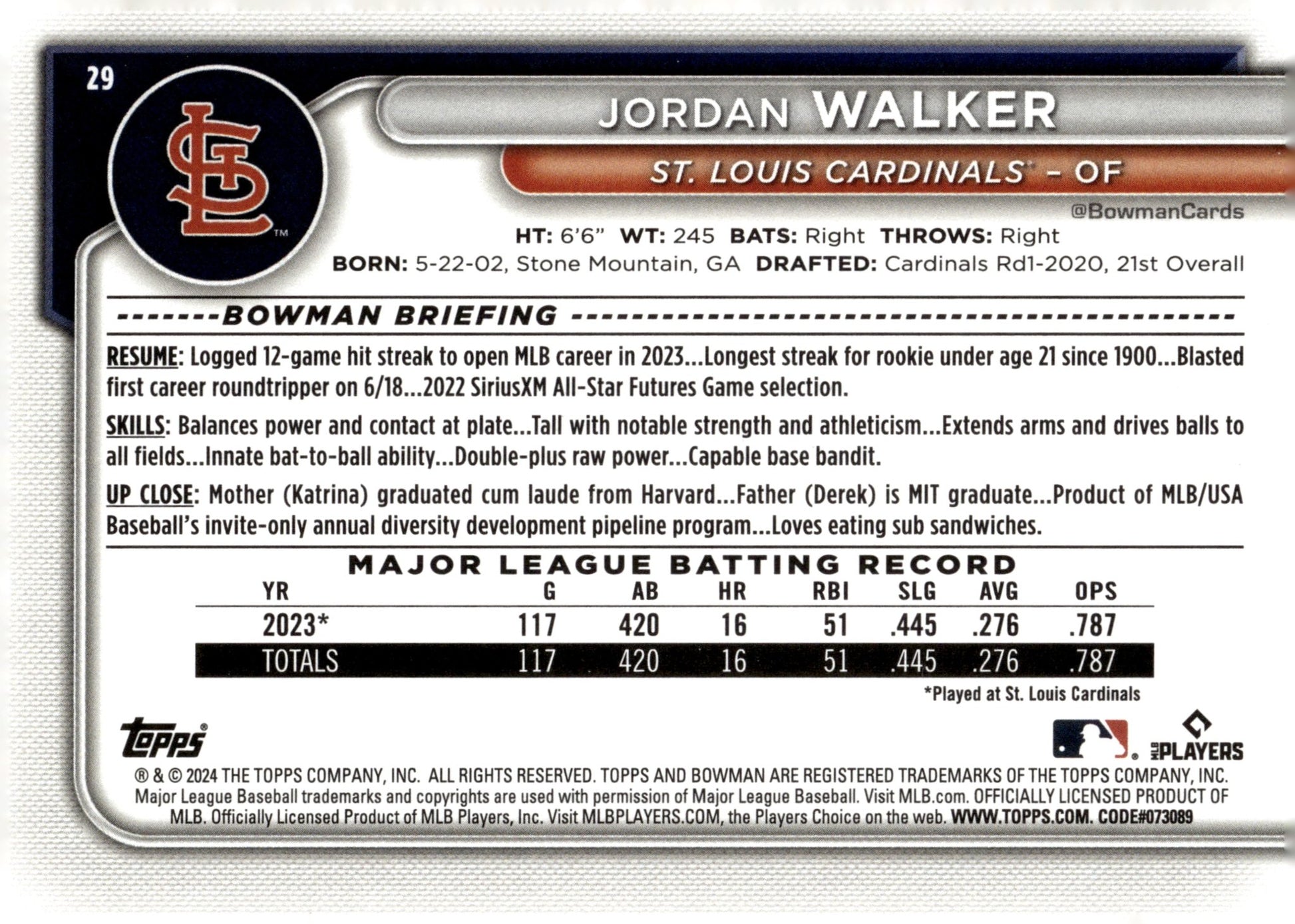 Jordan Walker 2024 Bowman Fuchsia 193/299 29 - Collector Store LLC