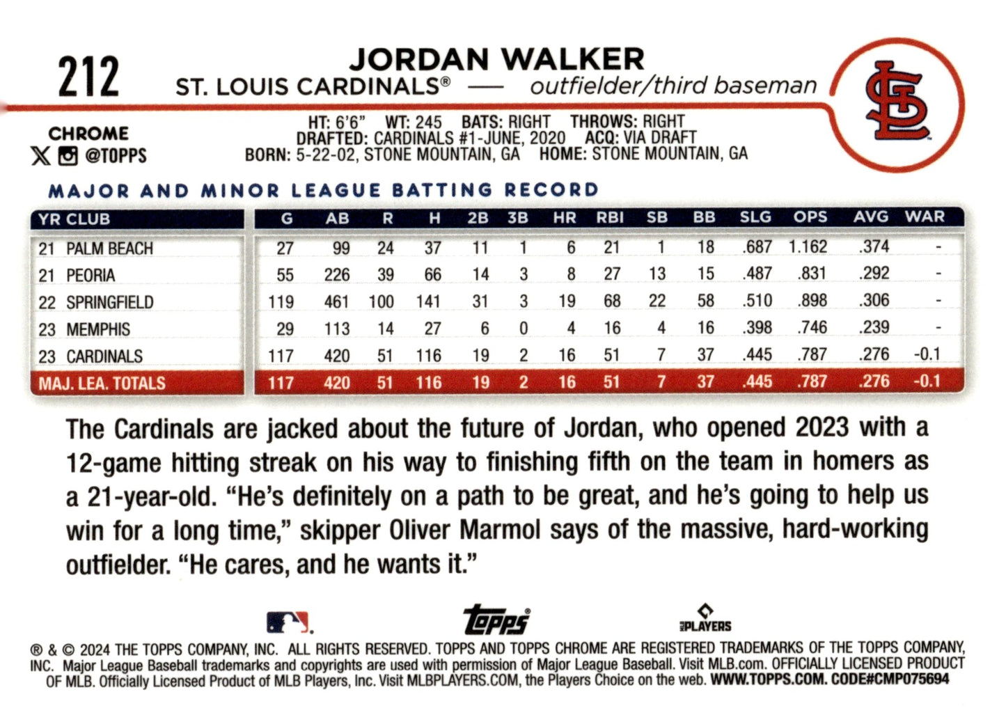 Jordan Walker 2024 Topps Chrome 212 - Collector Store LLC