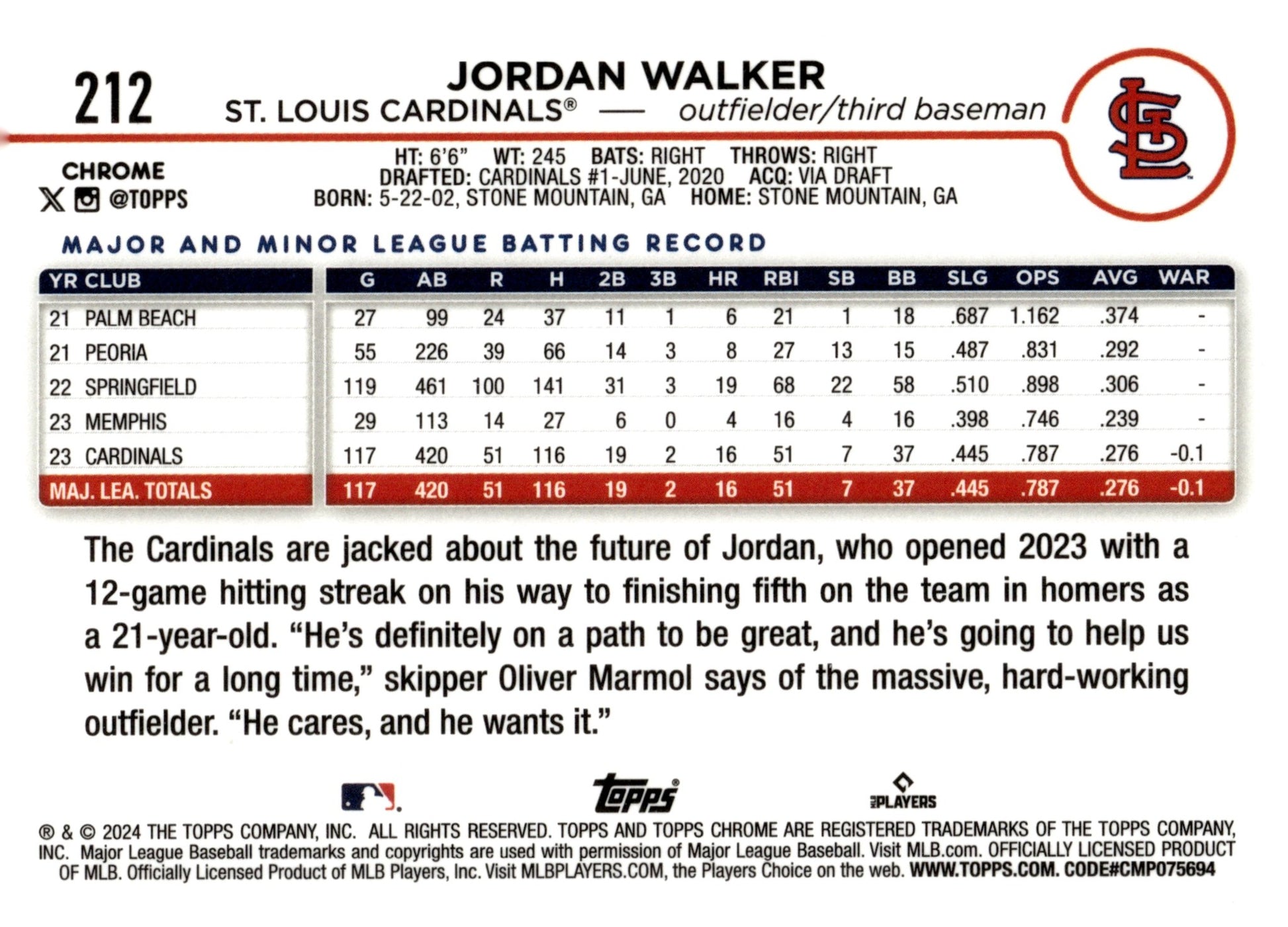 Jordan Walker 2024 Topps Chrome 212 - Collector Store LLC