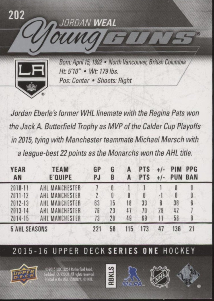 Jordan Weal 2015 - 16 Upper Deck Series 1 Young Guns RC 202 1 - Collector Store LLC