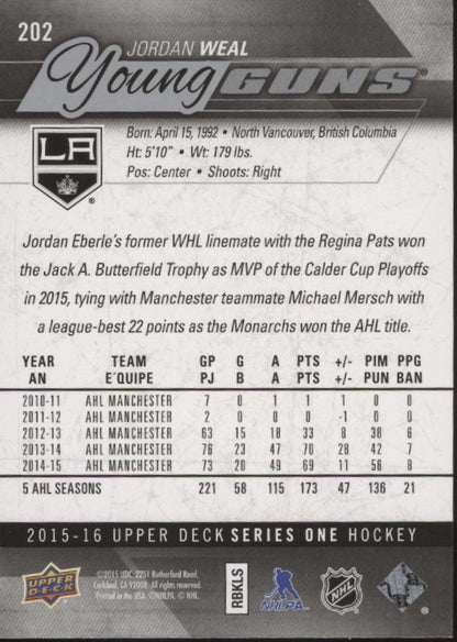 Jordan Weal 2015 - 16 Upper Deck Series 1 Young Guns RC 202 1 - Collector Store LLC