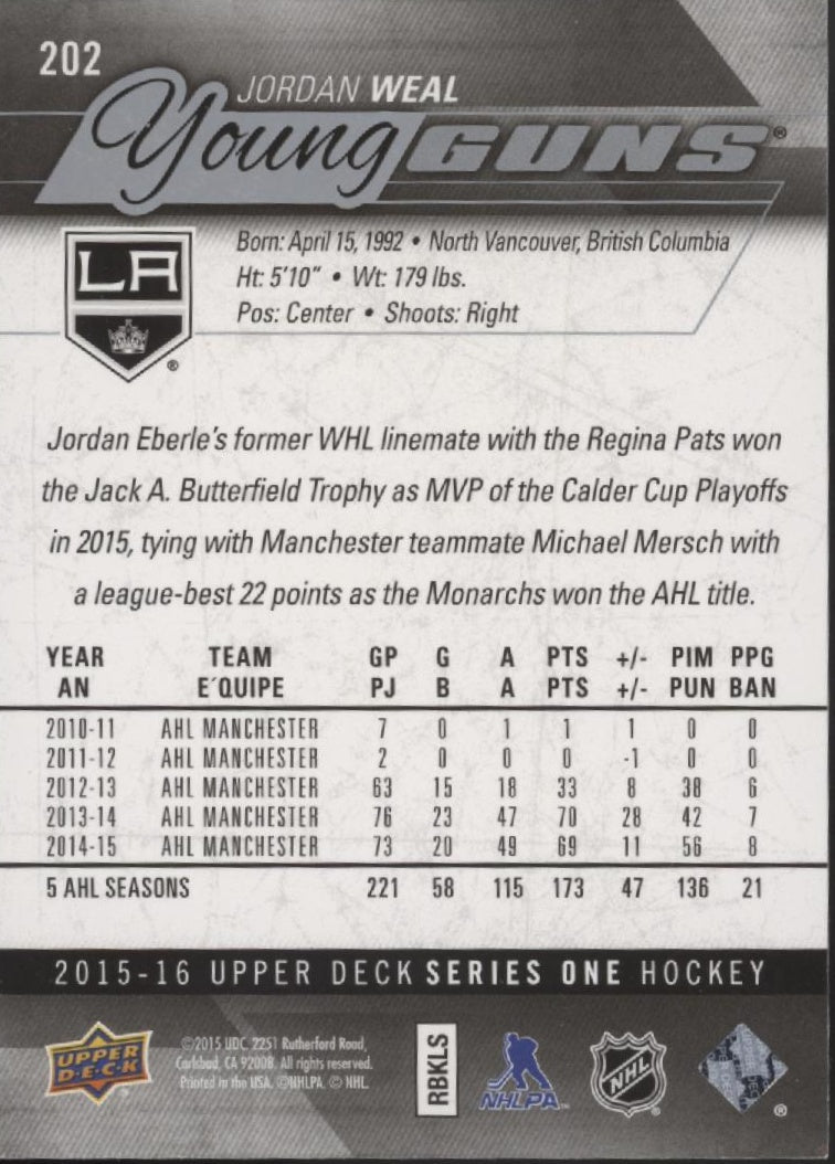 Jordan Weal 2015 - 16 Upper Deck Series 1 Young Guns RC 202 2 - Collector Store LLC
