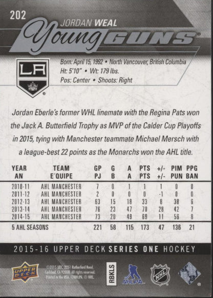 Jordan Weal 2015 - 16 Upper Deck Series 1 Young Guns RC 202 2 - Collector Store LLC