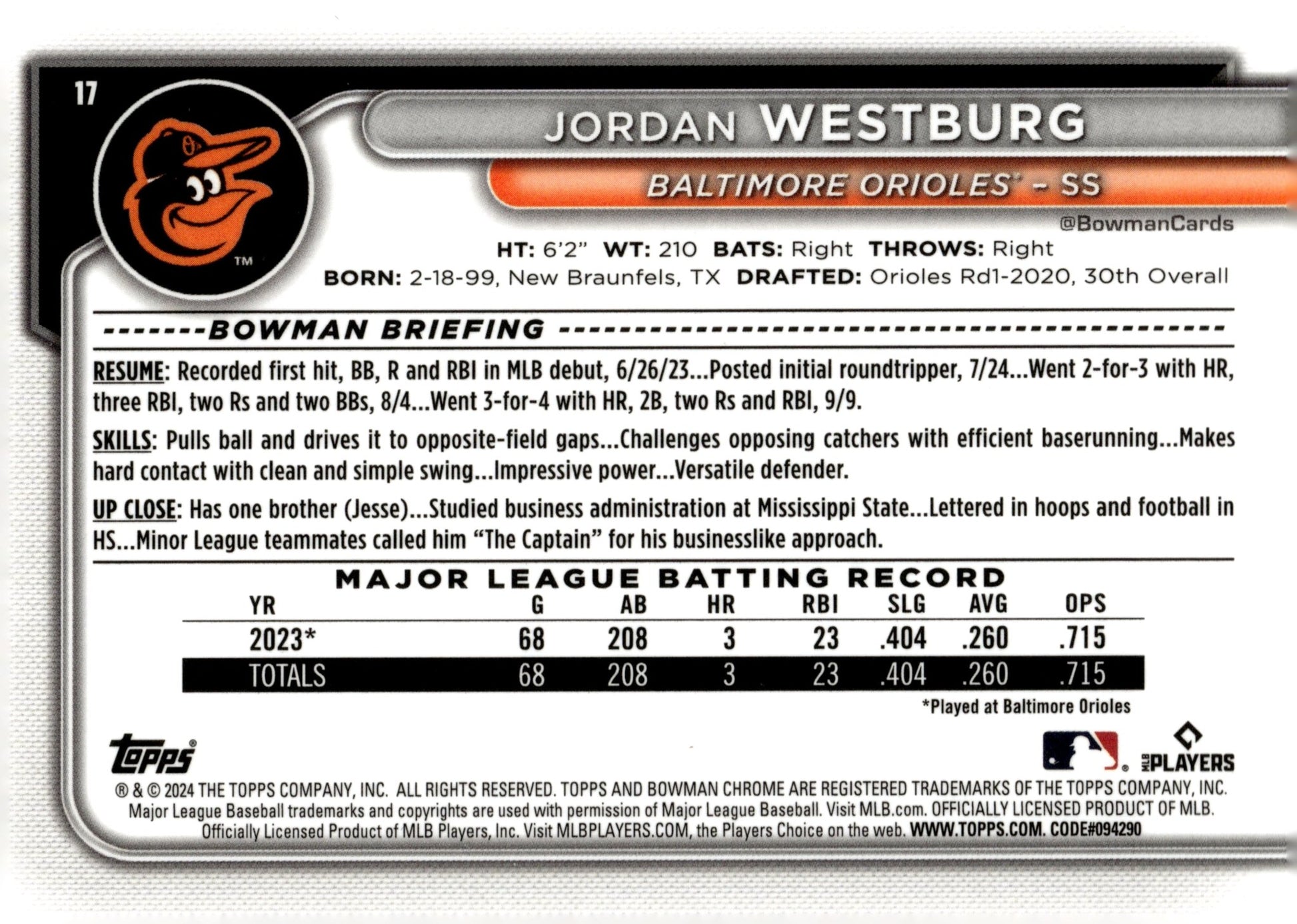 Jordan Westburg 2024 Bowman Chrome Mojo Refractor RC #17 #2 - Collector Store LLC