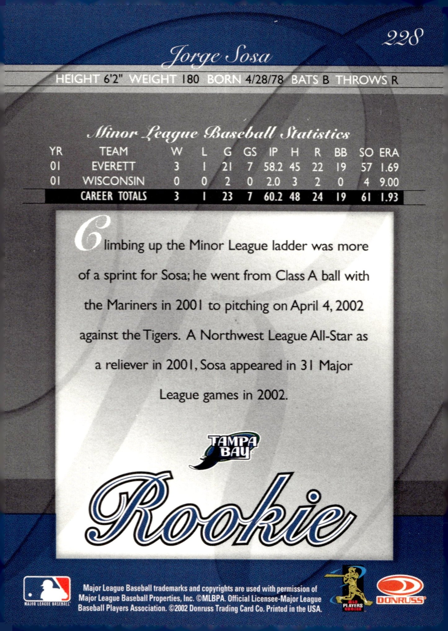 Jorge Sosa 2002 Donruss Elite Extra Edition RC 0399/1000 228 - Collector Store LLC
