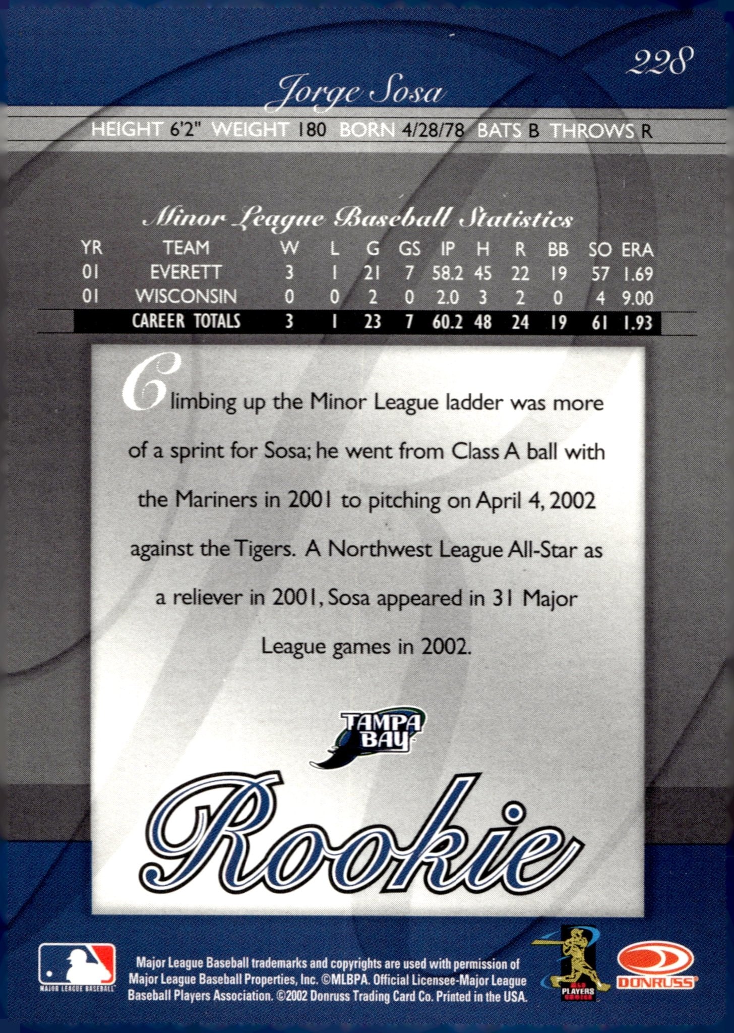 Jorge Sosa 2002 Donruss Elite Extra Edition RC 0399/1000 228 - Collector Store LLC