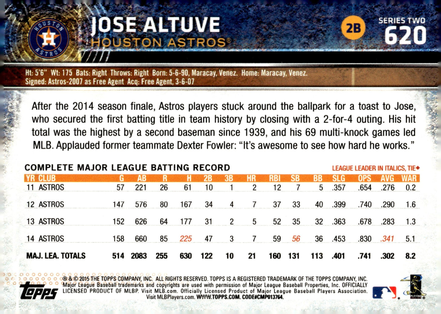 Jose Altuve 2015 Topps Series 2 620 - Collector Store LLC