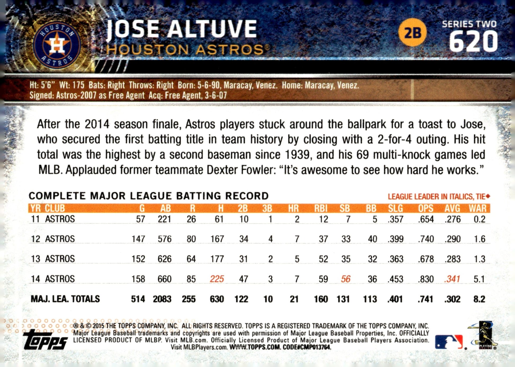 Jose Altuve 2015 Topps Series 2 620 - Collector Store LLC
