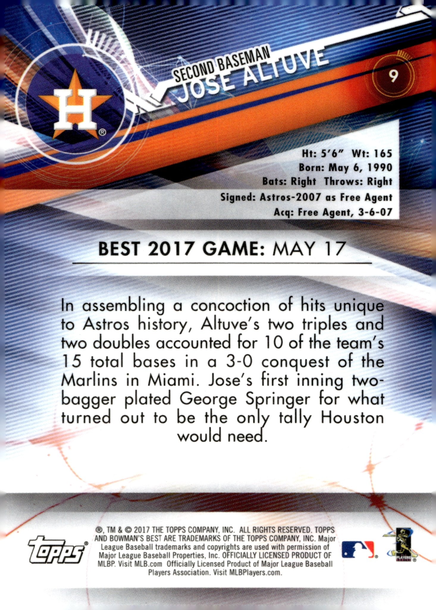 Jose Altuve 2017 Bowman's Best 9 - Collector Store LLC