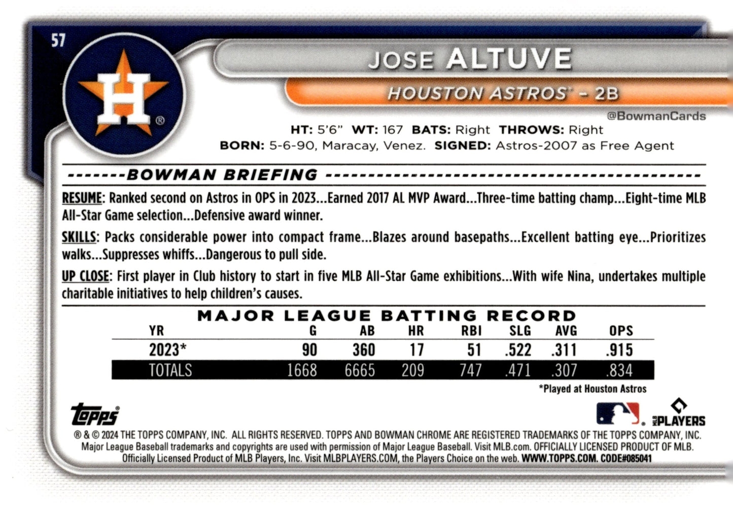 Jose Altuve 2024 Bowman Chrome 57 - Collector Store LLC