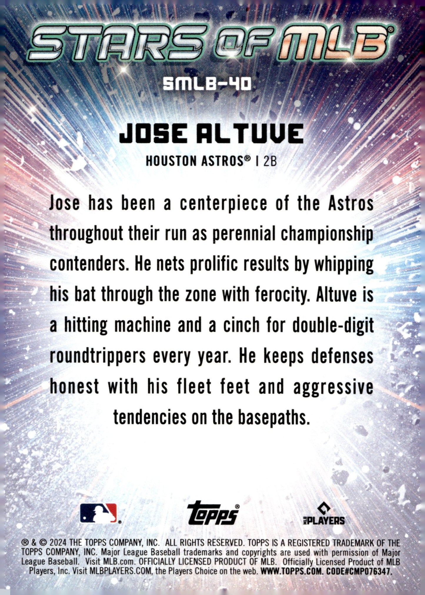 Jose Altuve 2024 Topps Series 1 Stars of MLB SMLB - 40 1 - Collector Store LLC