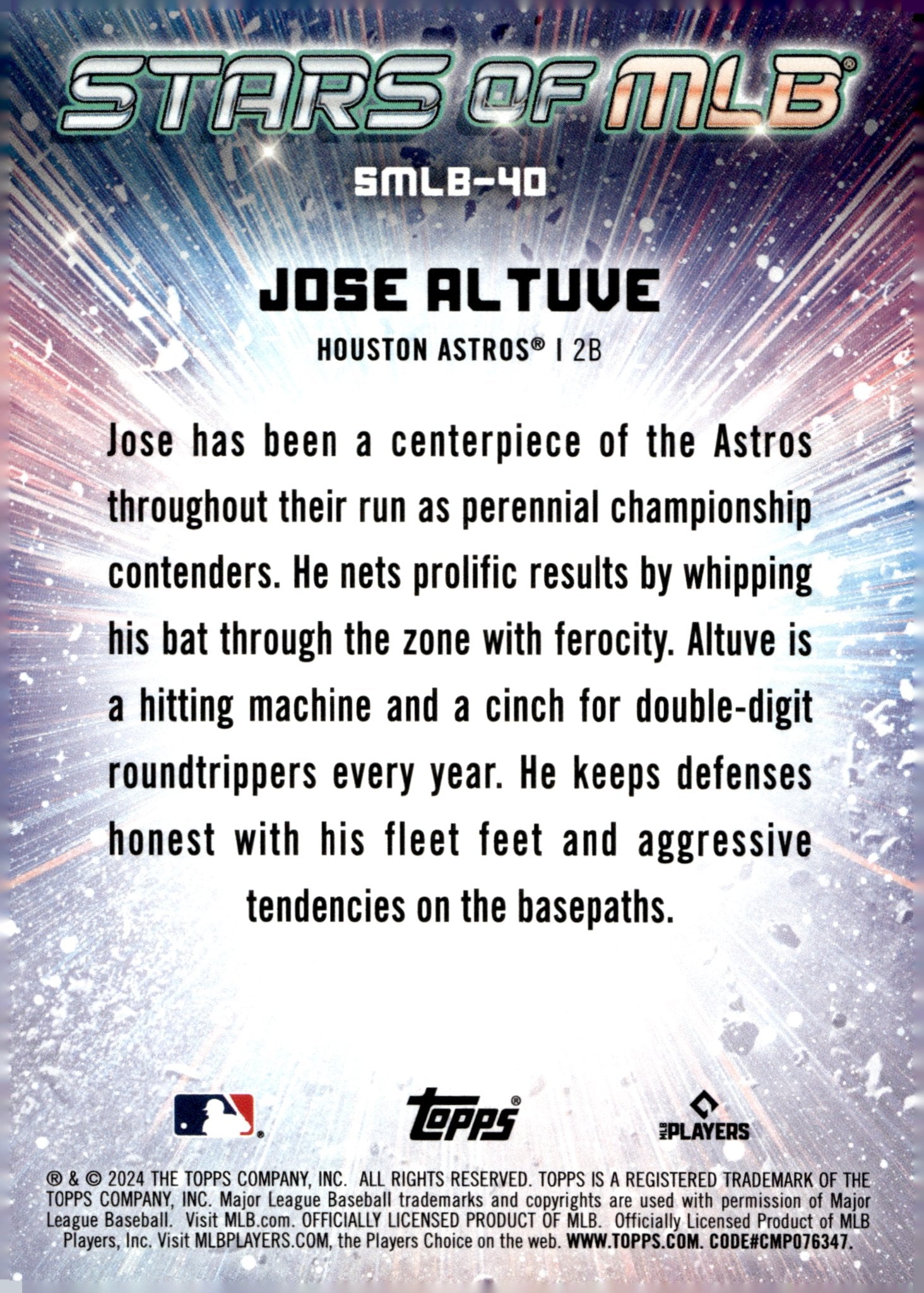 Jose Altuve 2024 Topps Series 1 Stars of MLB SMLB - 40 1 - Collector Store LLC