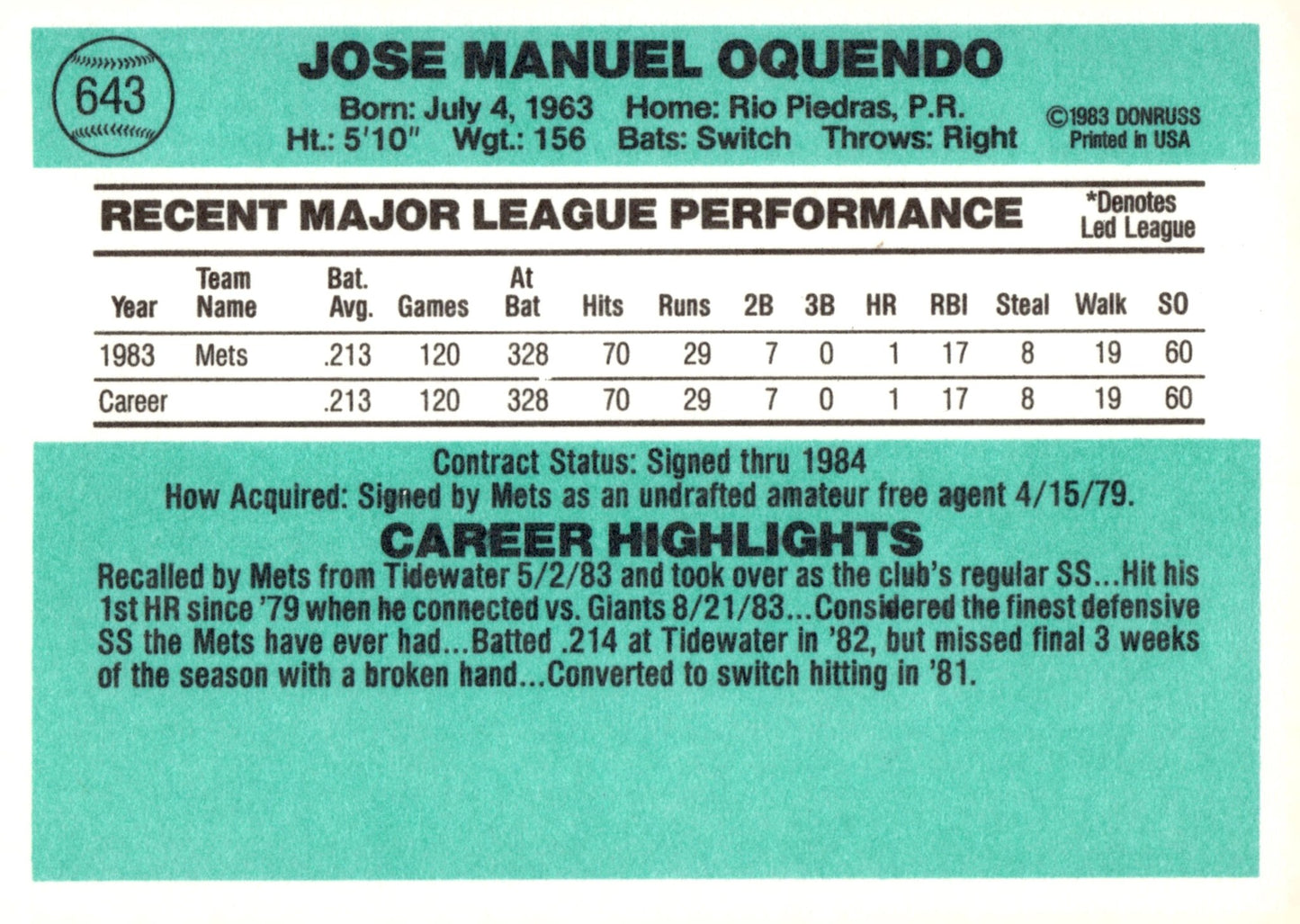 Jose Oquendo 1984 Donruss RC 643 - Collector Store LLC
