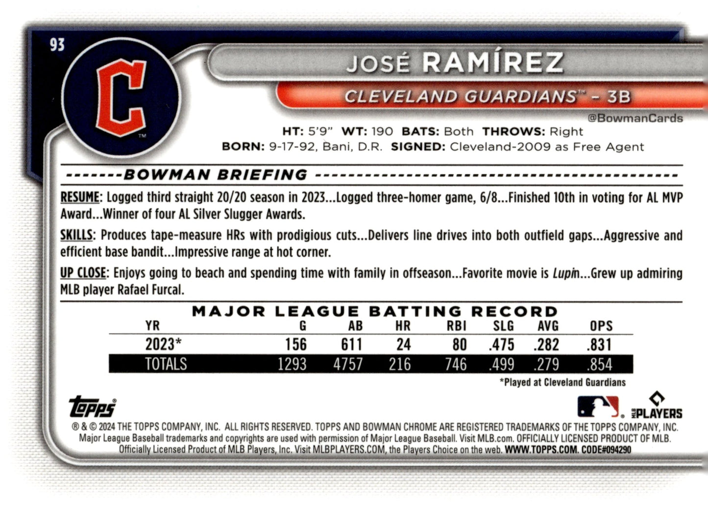 Jose Ramirez 2024 Bowman Chrome Mojo Refractor 93 - Collector Store LLC