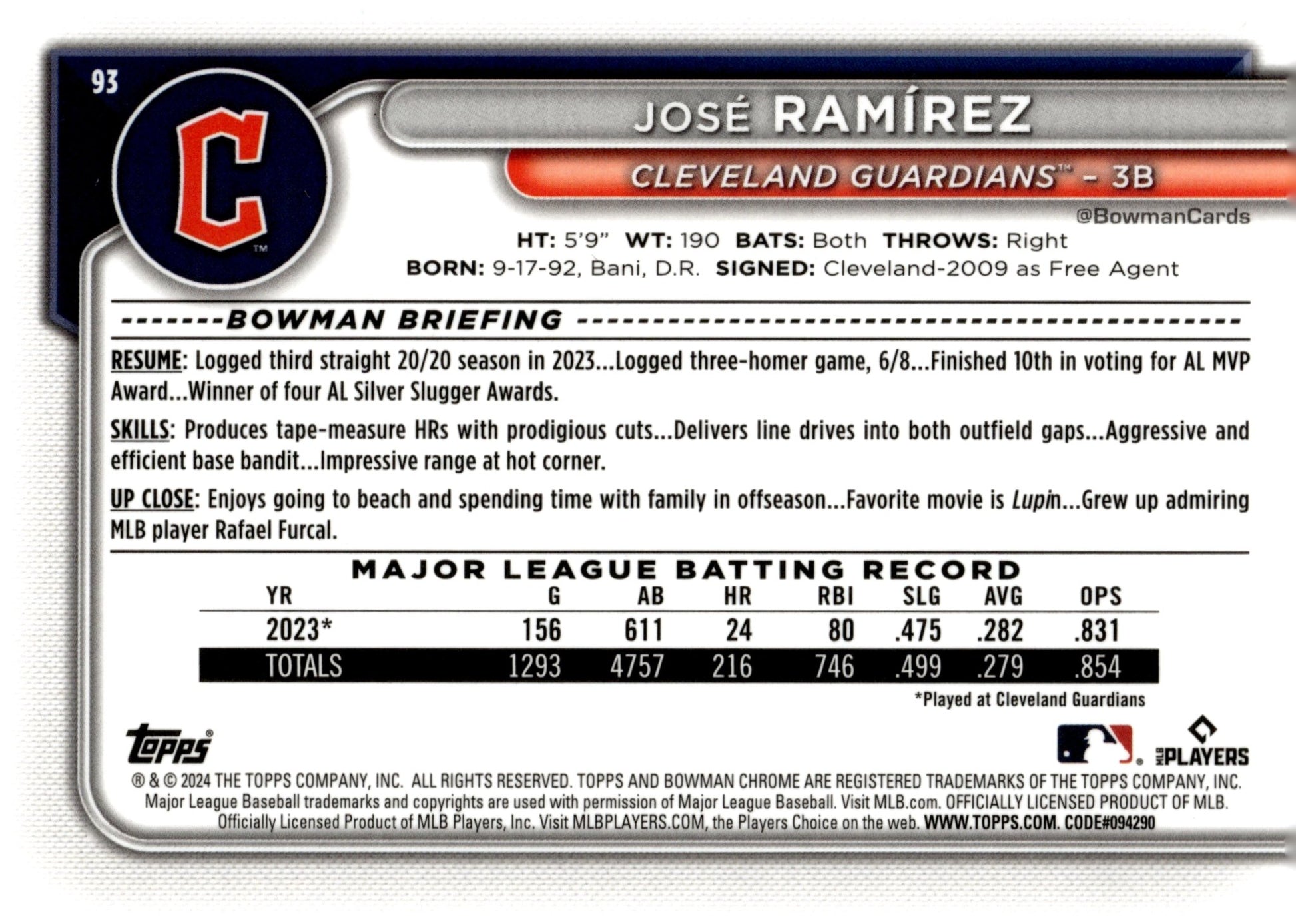 Jose Ramirez 2024 Bowman Chrome Mojo Refractor 93 - Collector Store LLC