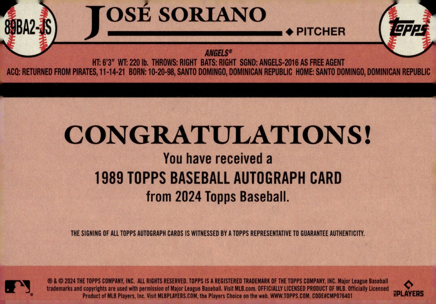 Jose Soriano 2024 Topps '89 RC Auto #89BA2 - JS - Collector Store LLC