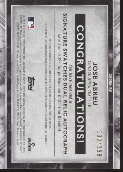 Josh Abreu 2022 Topps Museum Collection Dual Swatch Auto 100/199 SWDRA - JAB - Collector Store LLC