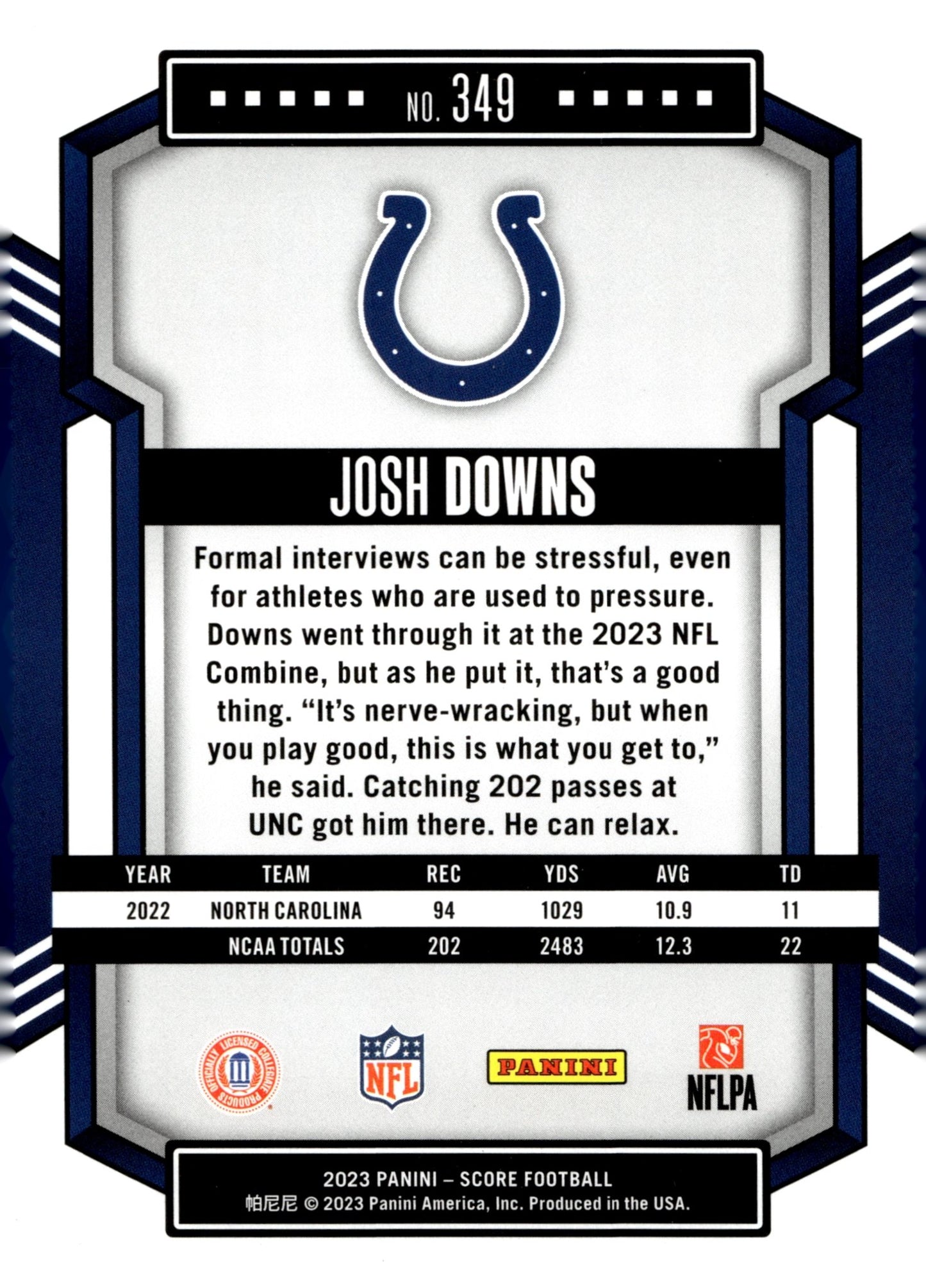 Josh Downs 2023 Panini Score Lava RC 196/565 #349 - Collector Store LLC