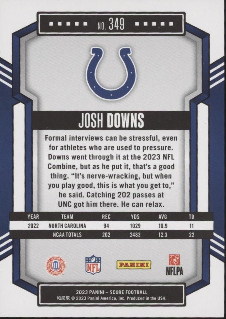 Josh Downs 2023 Panini Score Stars Foil RC 110/299 #349 - Collector Store LLC