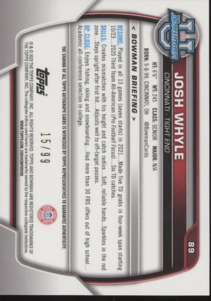 Josh Whyle 2022 Bowman Chrome University Green Refractor Auto 15/99 89 - Collector Store LLC