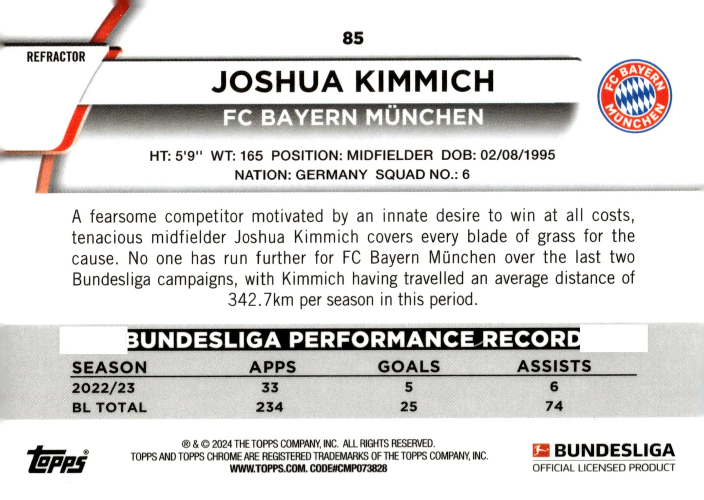 Joshua Kimmich 2023 - 24 Topps Chrome Bundesliga Aqua Bubble Refractor 129/275 - Collector Store LLC