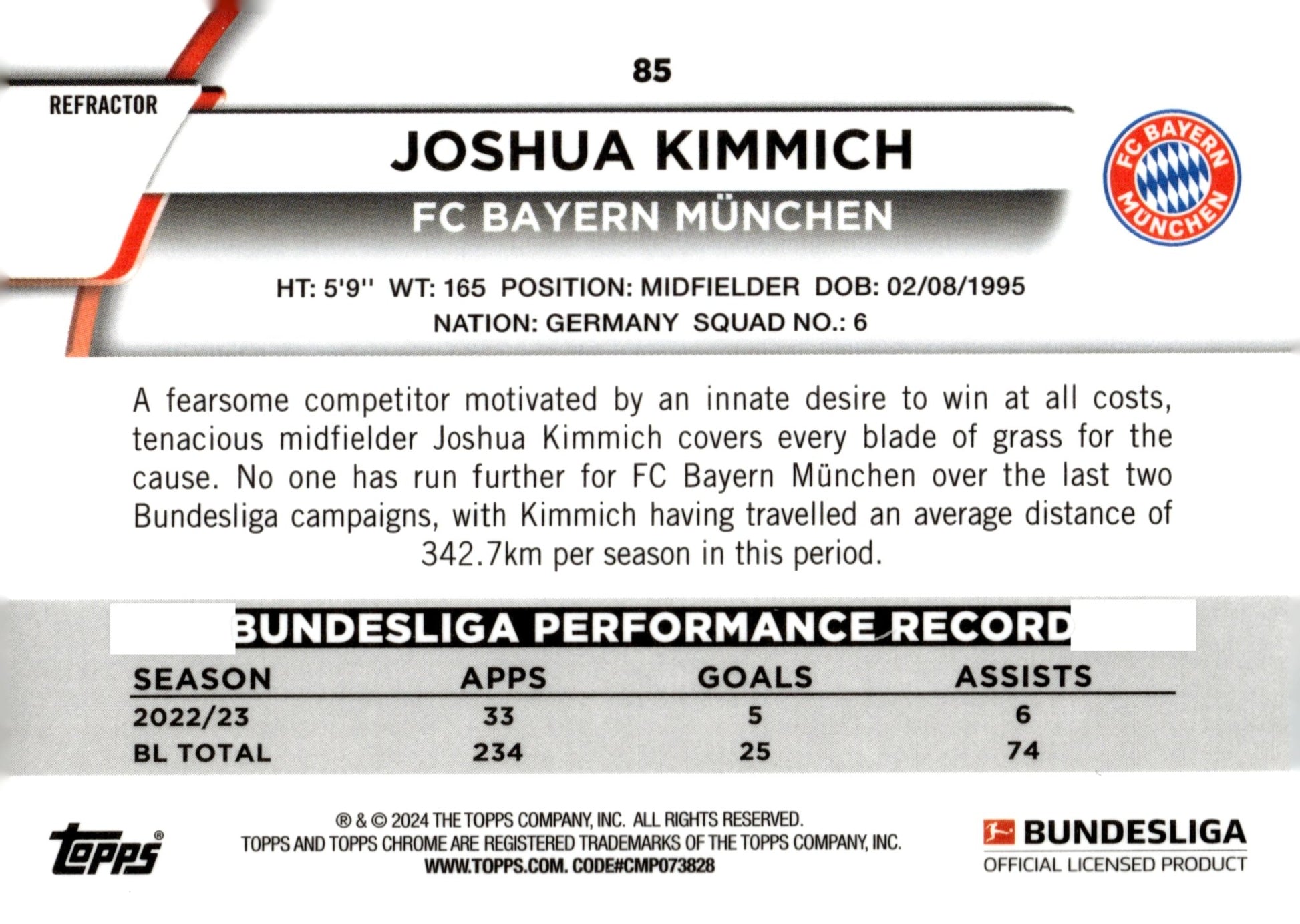 Joshua Kimmich 2023 - 24 Topps Chrome Bundesliga Aqua Bubble Refractor 129/275 - Collector Store LLC