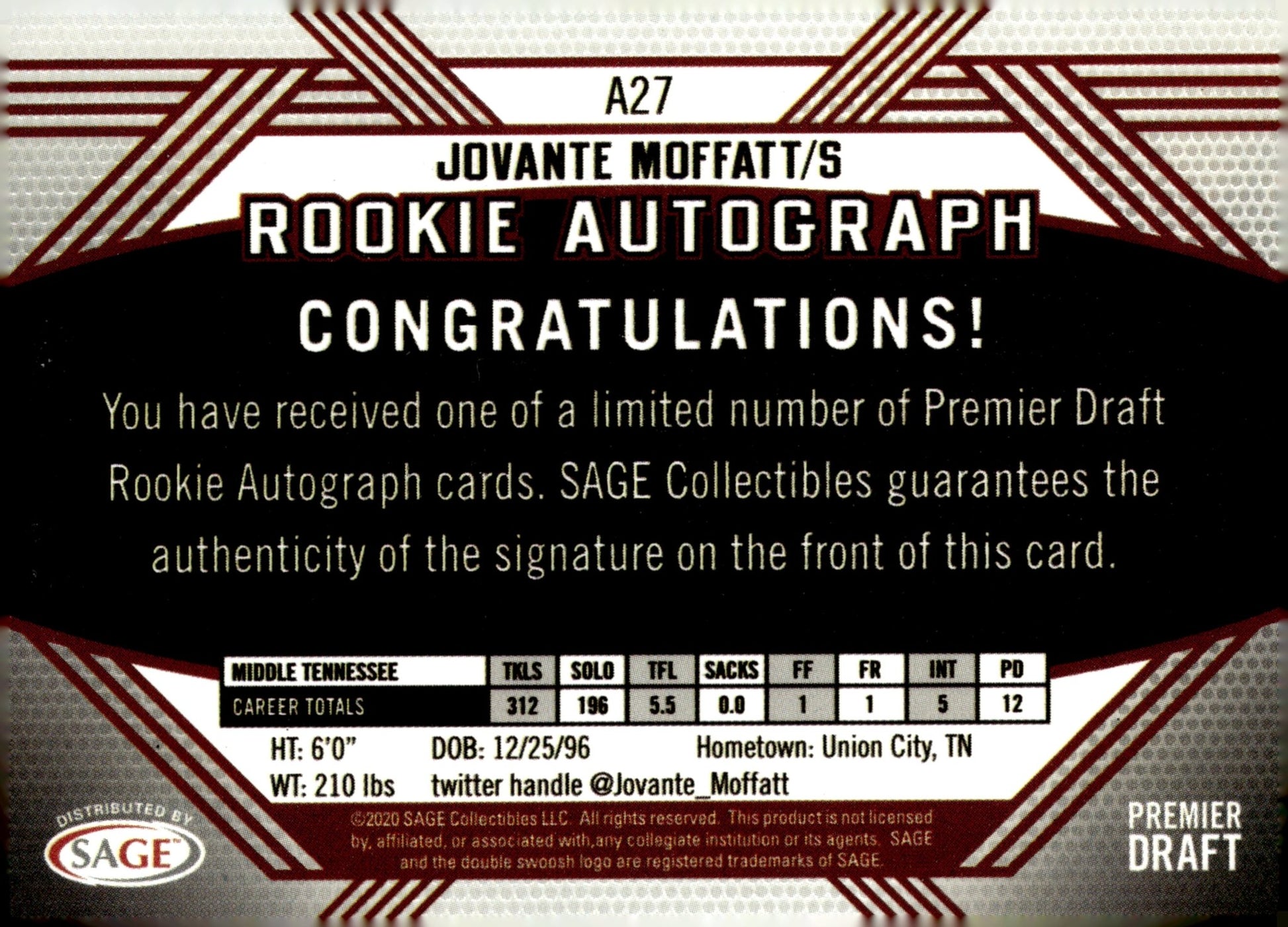 Jovante Moffatt 2020 Sage Hit Premier Draft RC Auto #A27 - Collector Store LLC