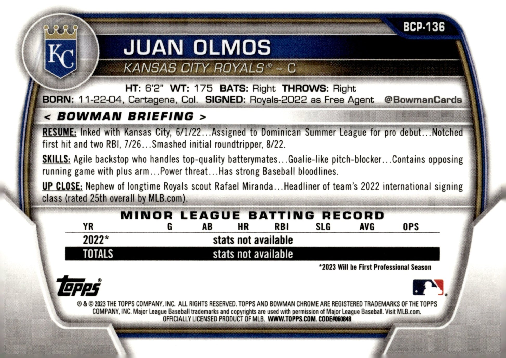 Juan Olmos 2023 Bowman Chrome Sapphire Blue Ice Refractor BCP - 136 - Collector Store LLC