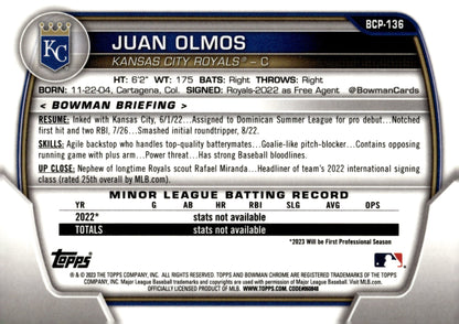 Juan Olmos 2023 Bowman Chrome Sapphire Blue Ice Refractor BCP - 136 - Collector Store LLC
