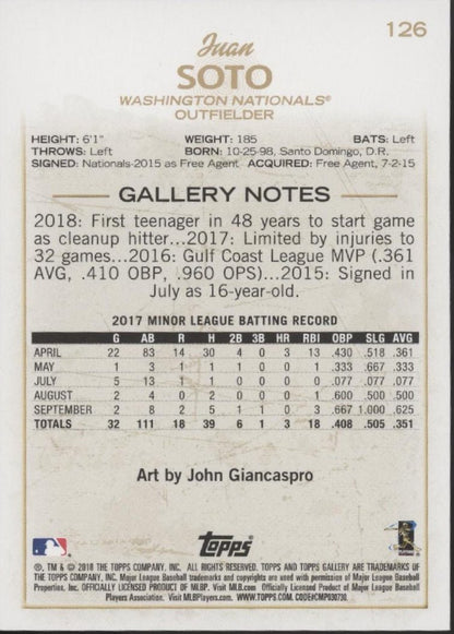 Juan Soto 2018 Topps Gallery RC #126 - Collector Store LLC