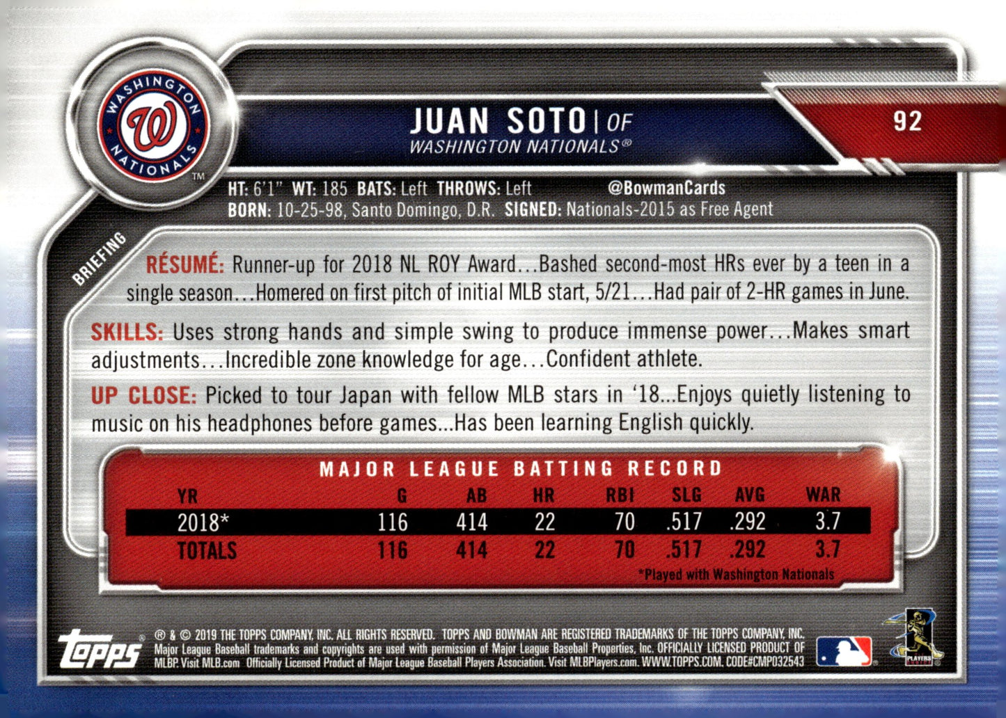 Juan Soto 2019 Bowman 92 - Collector Store LLC