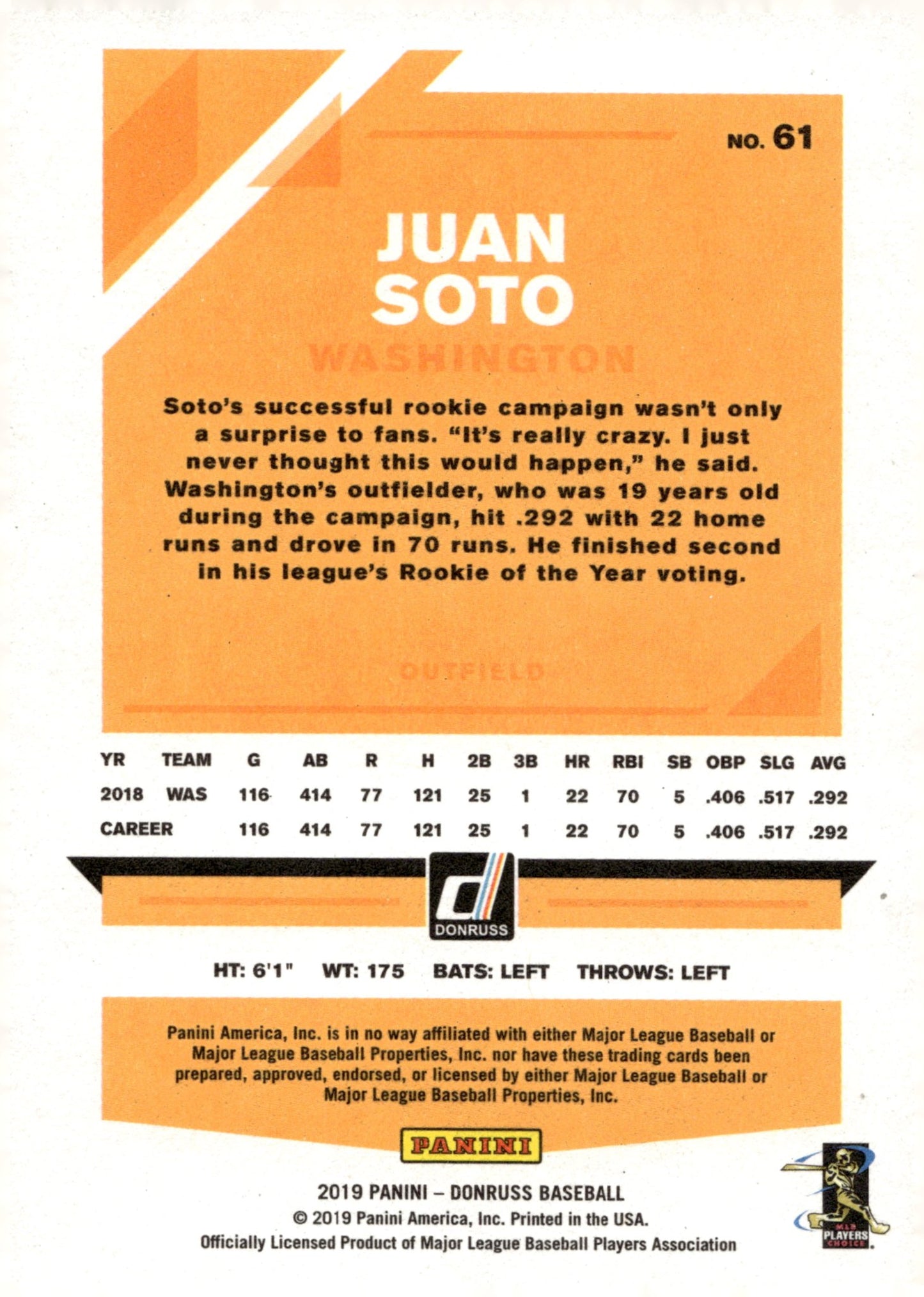 Juan Soto 2019 Panini Donruss Jaunjo 61 - Collector Store LLC