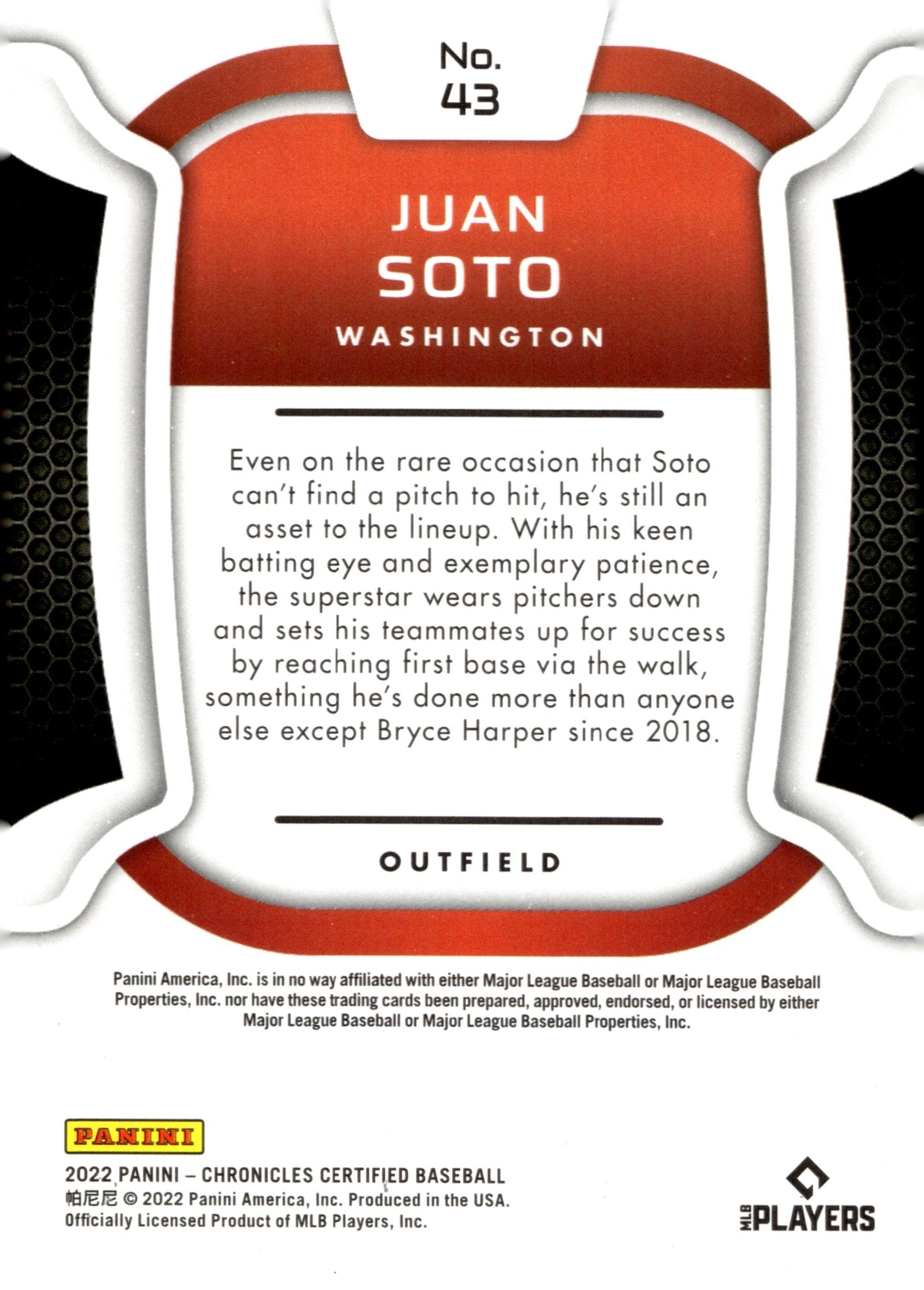 Juan Soto 2022 Panini Chronicles Certified 43 - Collector Store LLC