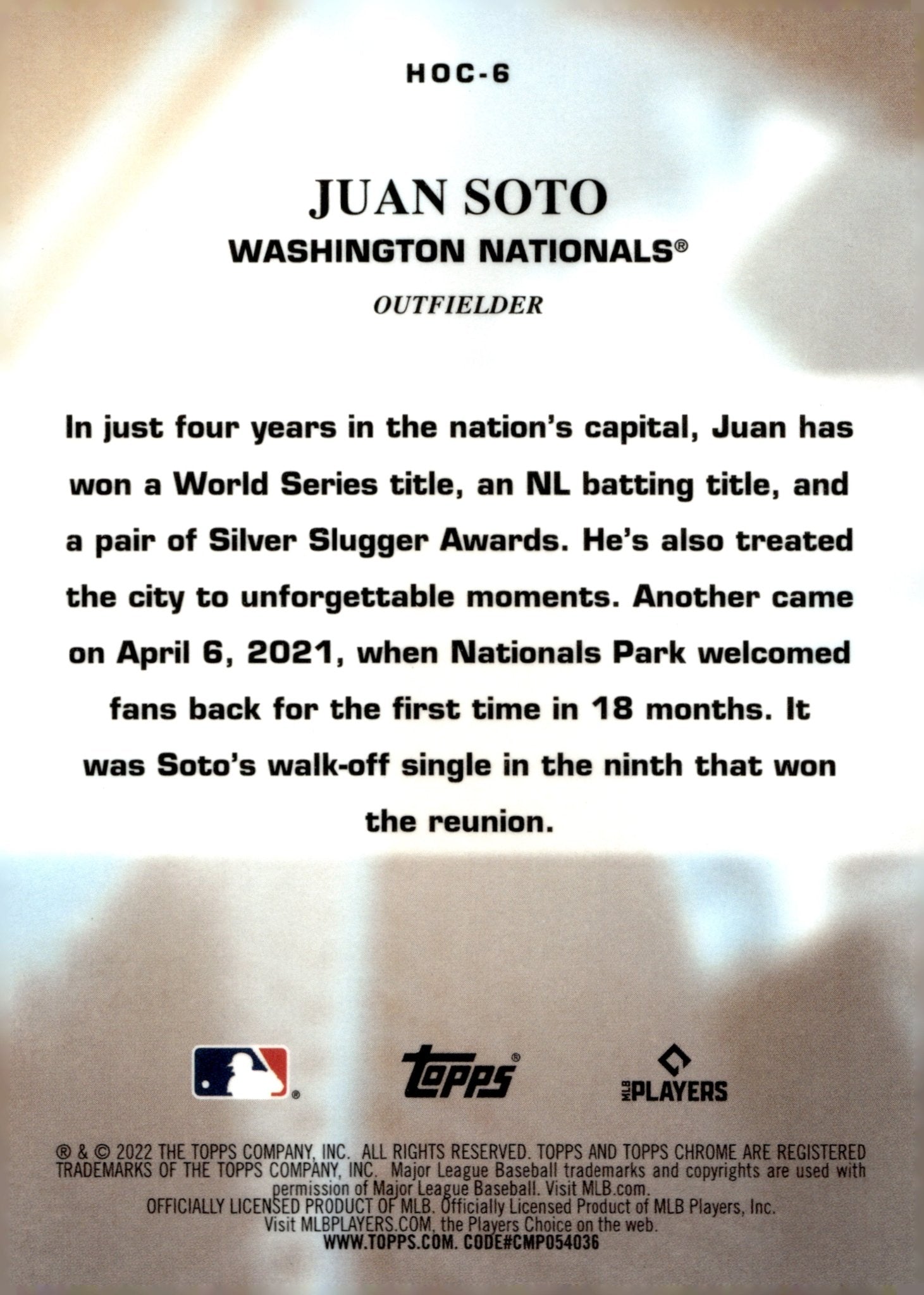 Juan Soto 2022 Topps Chrome Heart of the City Refractor HOC - 6 3 - Collector Store LLC