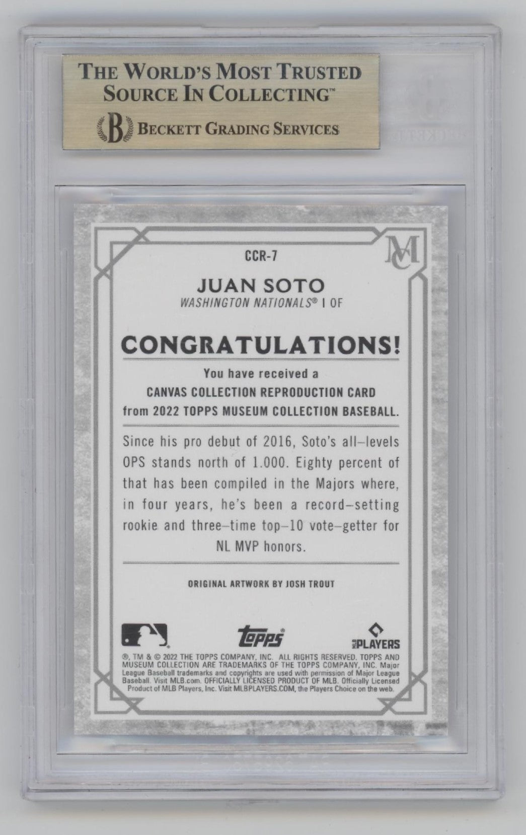 Juan Soto 2022 Topps Museum Collection Canvas Artist Proof #CCR - 7 Beckett 9.5 - Collector Store LLC