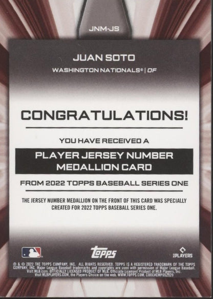 Juan Soto 2022 Topps Series 1 Commemorative Number Medallion #JNM - JS - Collector Store LLC