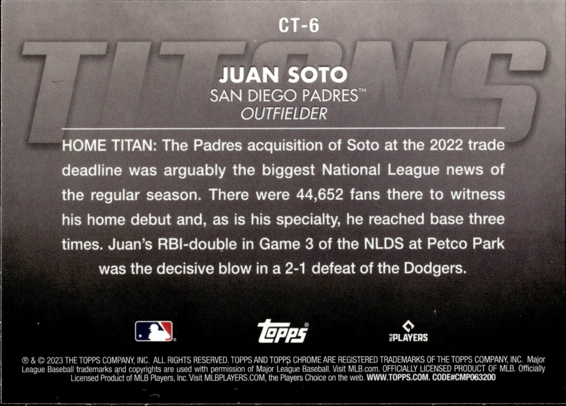 Juan Soto 2023 Topps Chrome Titans Refractor CT - 6 2 - Collector Store LLC