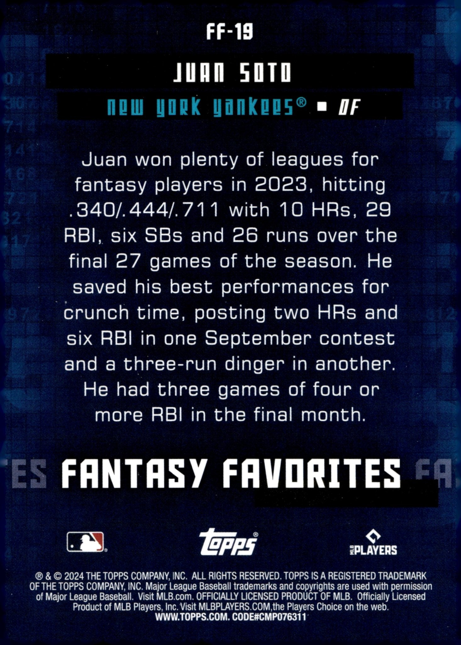 Juan Soto 2024 Topps Series 2 Fantasy Favorites #FF - 19 - Collector Store LLC