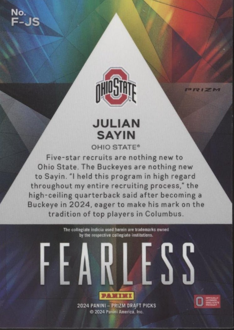 Julian Sayin 2024 Panini Prizm Draft Picks Fearless Rated Prospect Prizm #F - JS - Collector Store LLC