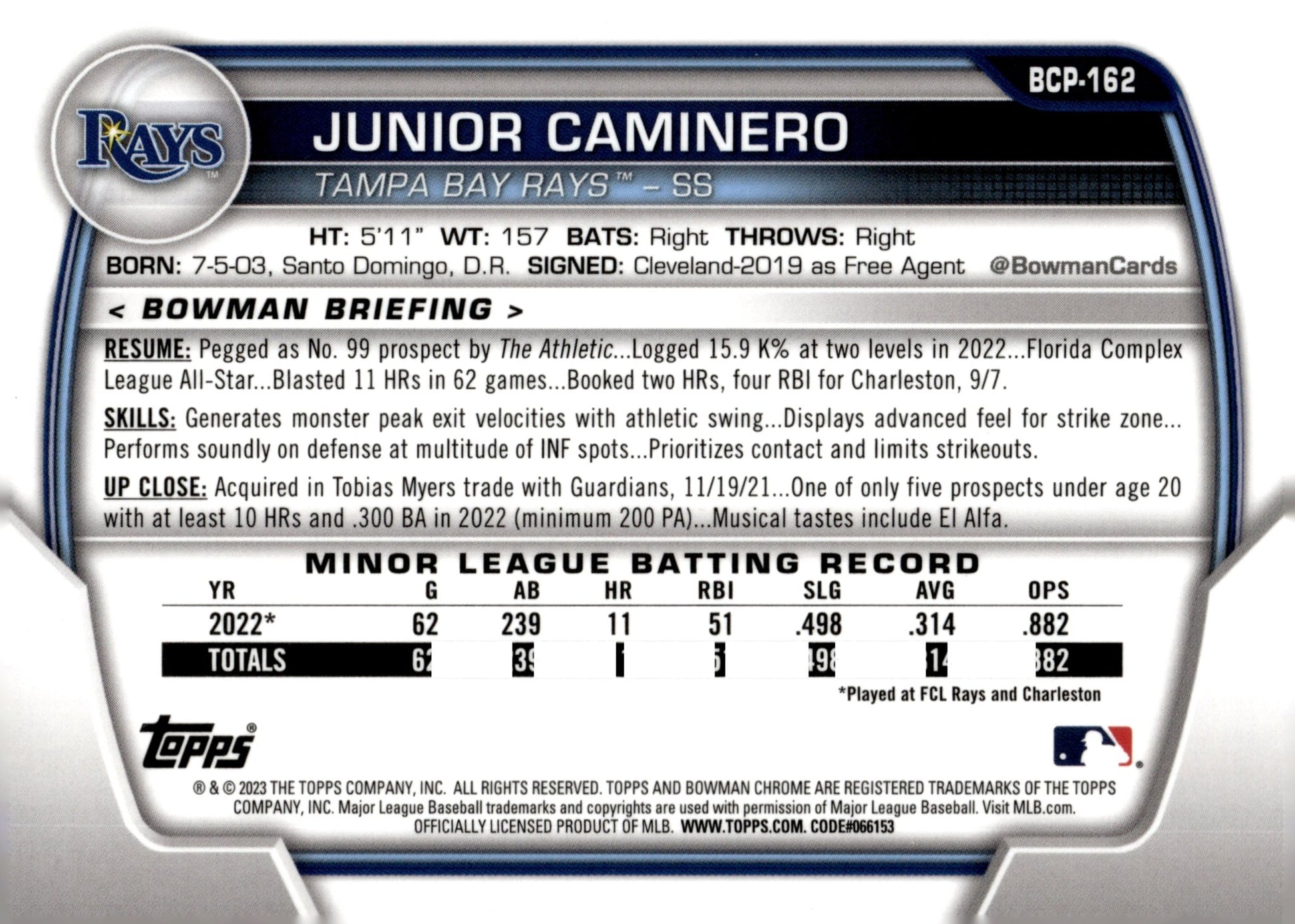 Junior Caminero 2023 Bowman Chrome Blue Cracked Ice Refractor #BCP - 162 - Collector Store LLC